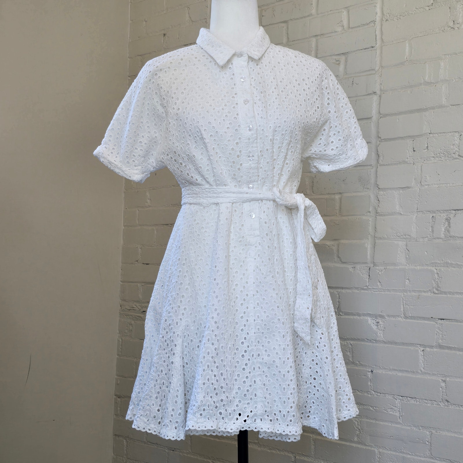 Heartloom Drea Eyelet Mini Shirt Dress White Cotton Summer Belted Size Large